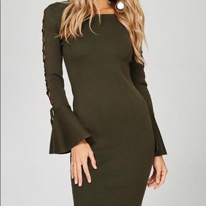 Olive Green Long Bell Lace Up Sleeve Rib Dress
